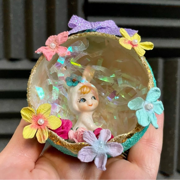 Handcrafted Refurbished Xmas Ball Easter Ceramic Bunny Girl Decorative Glitter - Picture 6 of 12